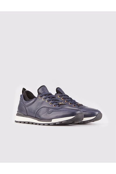 Cabani Genuine Leather Navy Blue Lace-Up Leather Coated Sole Men's Sports Shoes