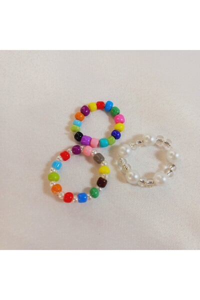 Crystal Atelier Colorful Sand Beaded Elastic Ring Set Sand Beaded Ring Set 3P...