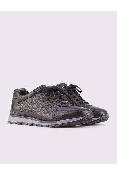 Cabani Genuine Leather Black Lace-up Thermo Sole Patterned Men's Casual Shoes
