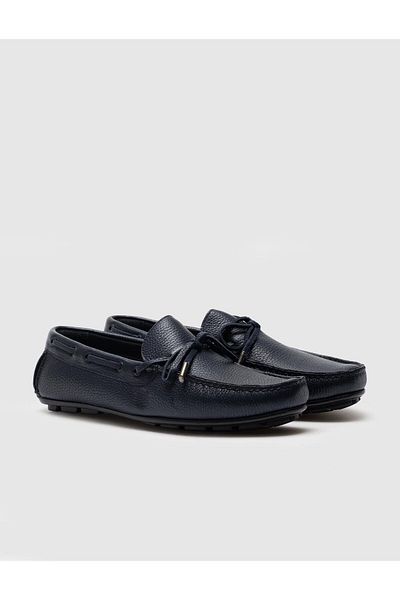Cabani Genuine Leather Navy Blue Men's Loafer Shoes with Bow Detail