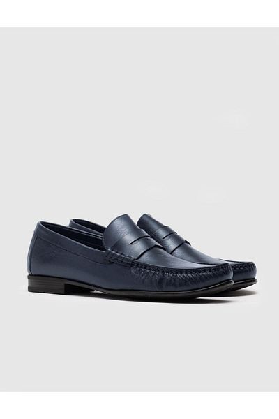 Cabani Men's Genuine Leather Navy Blue Loafer Shoes with Belt Detail