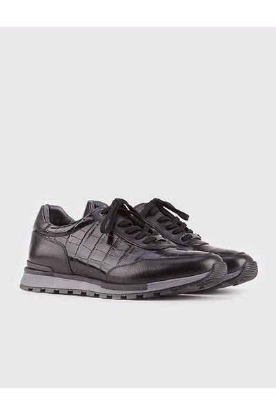 Cabani Genuine Leather Black Lace-Up Special Motif Printed Men's Sports Shoes