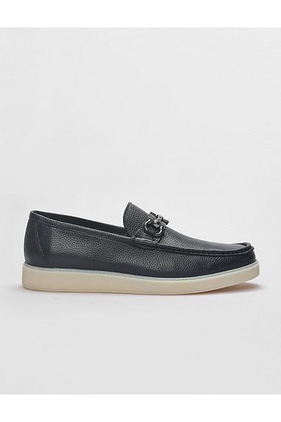 Cabani Genuine Leather Navy Blue Buckle Men's Casual Shoes