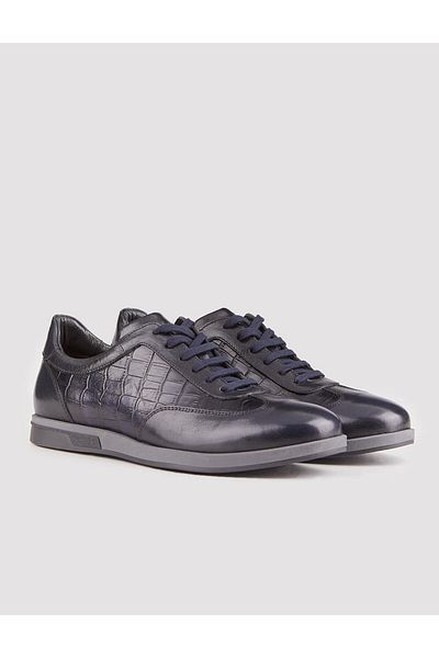 Cabani Navy Blue Genuine Leather Men's Lace-up Casual Shoes