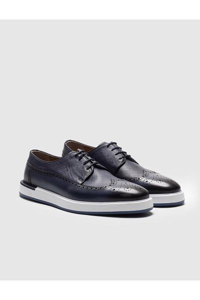 Cabani Genuine Leather Navy Blue Lace-Up Men's Casual Shoes
