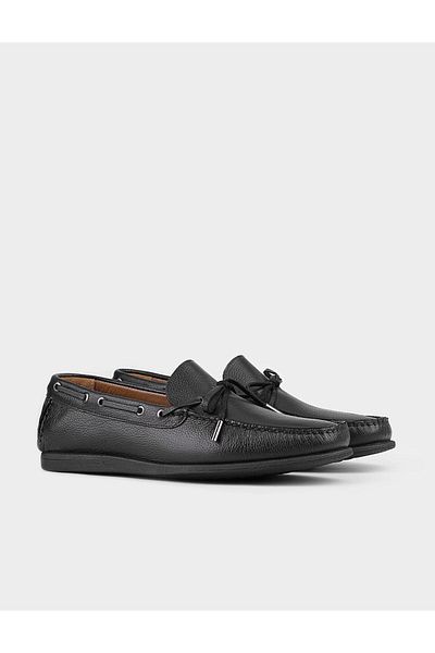 Cabani Men's Genuine Leather Lace Detailed Black Loafer Shoes