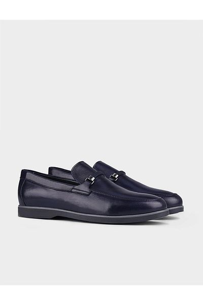 Cabani Genuine Leather Navy Blue Rubber Detailed Men's Casual Shoes