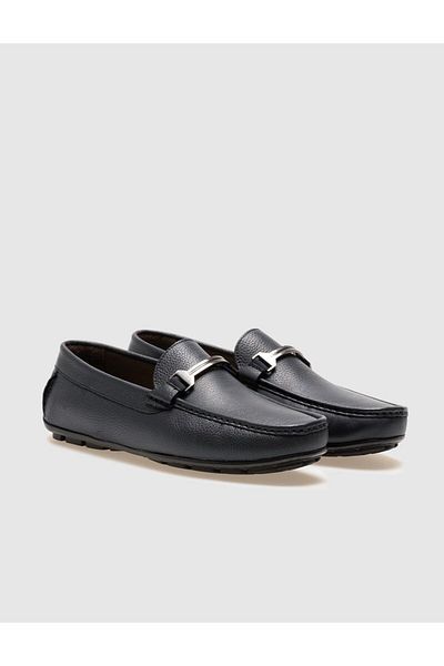 Cabani Genuine Leather Navy Blue Buckle Men's Loafer