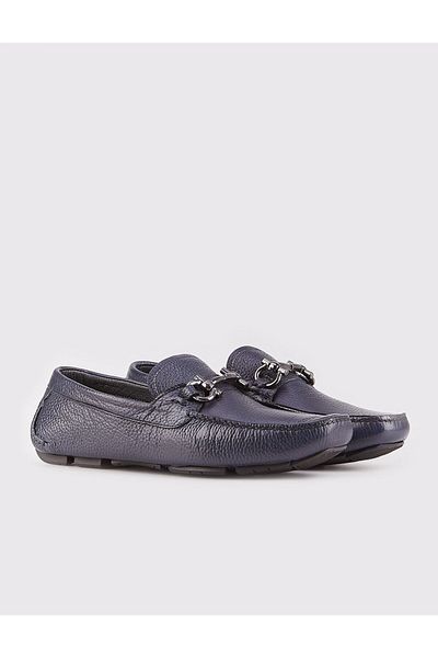Cabani Men's Genuine Leather Buckle Detailed Navy Blue Loafer Shoes