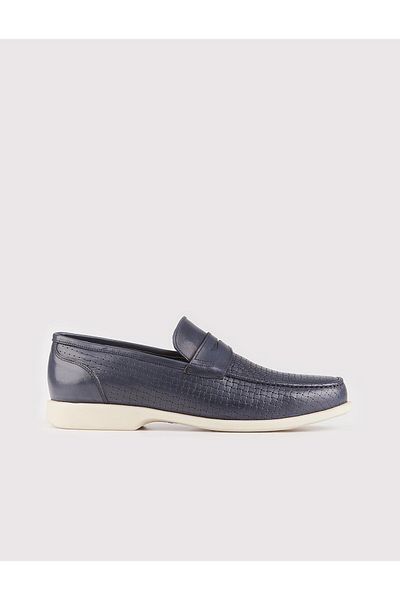 Cabani Navy Blue Genuine Leather Men's Casual Shoes