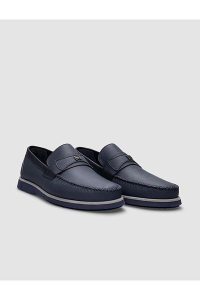 Cabani Genuine Leather Navy Blue Belt Detailed Men's Casual Shoes