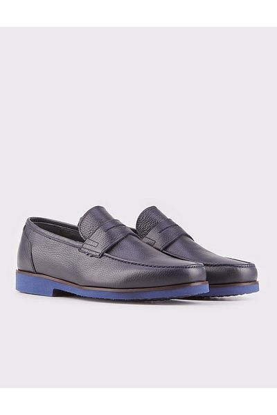 Cabani Genuine Leather Navy Blue Men's Casual Shoes with Belt Detail