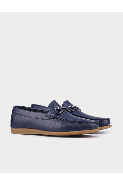 Cabani Genuine Leather Navy Blue Men's Casual Shoes with Metal Accessories