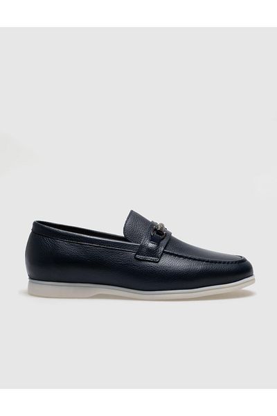 Cabani Genuine Leather Navy Blue Buckle Men's Casual Shoes