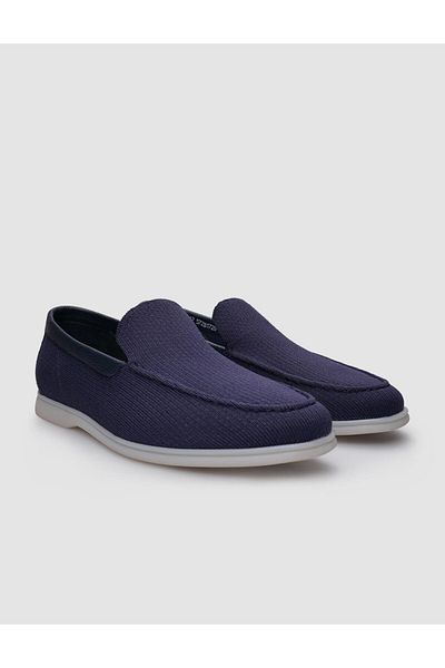 Cabani Navy Blue Knitwear Men's Loafer - Genuine Leather Detailed