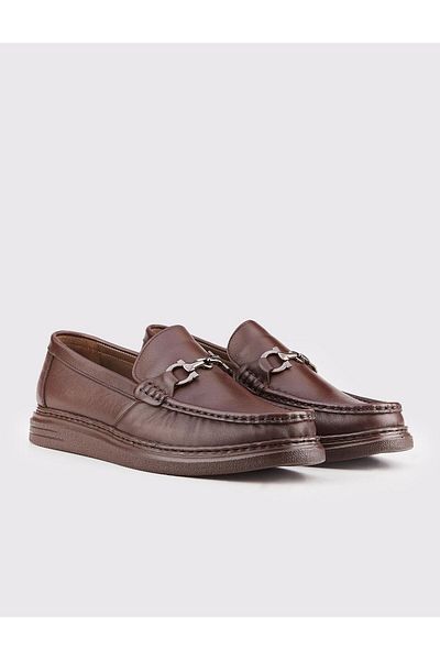 Cabani Genuine Leather Brown Men's Casual Shoes with Metal Buckle