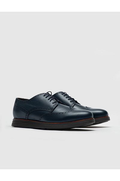 Cabani Genuine Leather Navy Blue Lace-Up Men's Casual Shoes