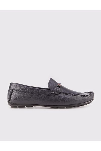 Cabani Men's Genuine Leather Navy Blue Loafer Shoes with Buckle Accessories