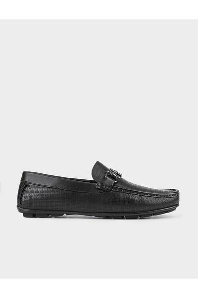 Cabani Men's Genuine Leather Black Loafer Shoes with Buckle Accessories