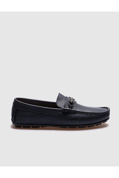 Cabani Genuine Leather Navy Blue Buckle Men's Loafer