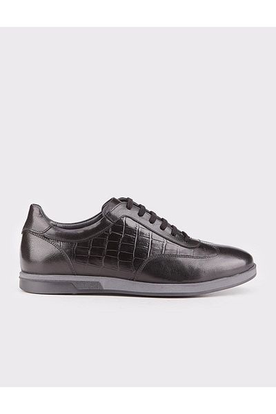 Cabani Genuine Leather Rubber Sole Black Lace-Up Men's Sports Shoes