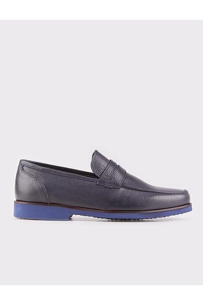 Cabani Genuine Leather Navy Blue Men's Casual Shoes with Belt Detail