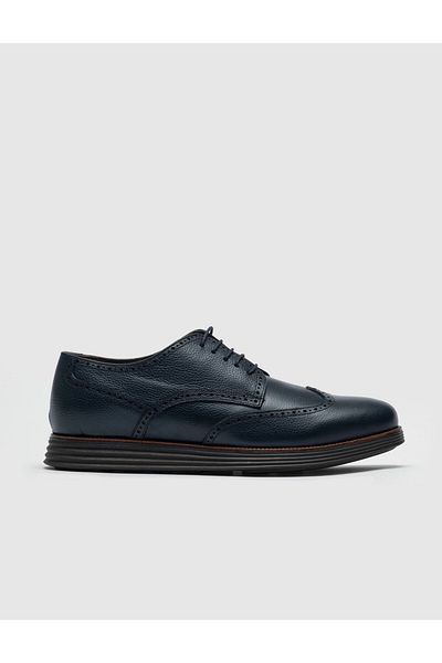 Cabani Genuine Leather Navy Blue Lace-Up Men's Casual Shoes