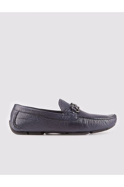 Cabani Men's Genuine Leather Buckle Detailed Navy Blue Loafer Shoes