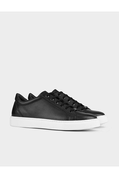 Cabani White Sole Genuine Leather Black Lace-Up Men's Sports Shoes