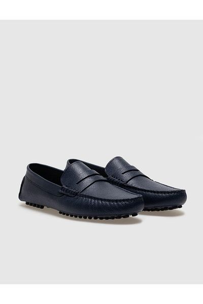Cabani Genuine Leather Navy Blue Belted Men's Loafer