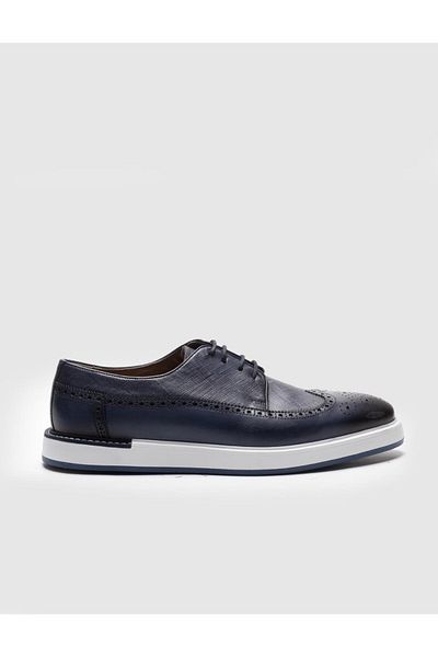 Cabani Genuine Leather Navy Blue Lace-Up Men's Casual Shoes