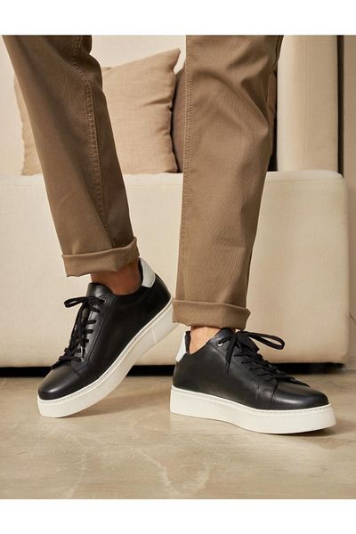 Cabani Genuine Leather Black Lace-Up Eva Sole Men's Sports Shoes