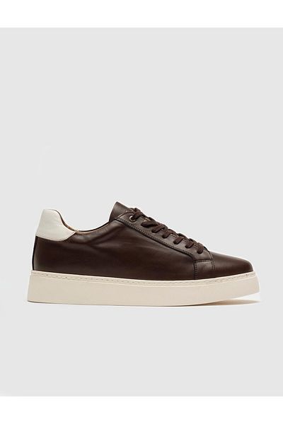 Cabani Genuine Leather Brown Lace-Up Men's Sports Shoes with Side Stitching Detail