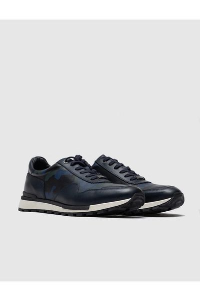 Cabani Genuine Leather Navy Blue Lace-Up Men's Sports Shoes