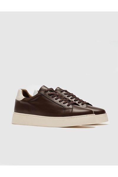 Cabani Genuine Leather Brown Lace-Up Men's Sports Shoes with Side Stitching Detail