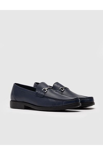 Cabani Navy Blue Genuine Leather Men's Casual Shoes - Buckle Detailed