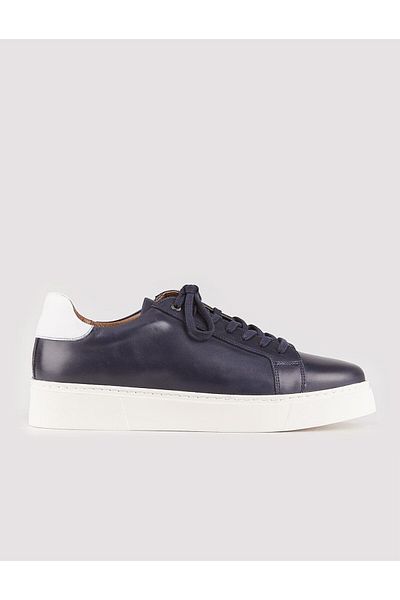 Cabani Genuine Leather Navy Blue Lace-Up Men's Sports Shoes with Side Stitching Detail