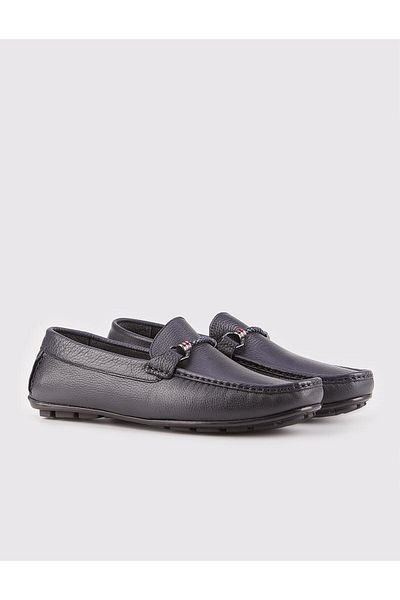 Cabani Men's Genuine Leather Navy Blue Loafer Shoes with Buckle Accessories