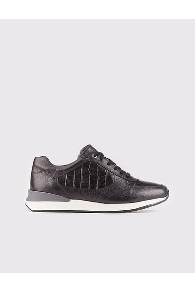 Cabani Croco Printed Genuine Leather Black Lace-Up Men's Sports Shoes