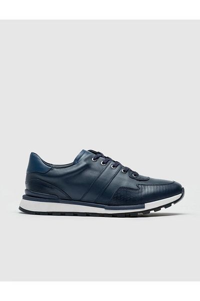 Cabani Genuine Leather Navy Blue Lace-Up Men's Sports Shoes