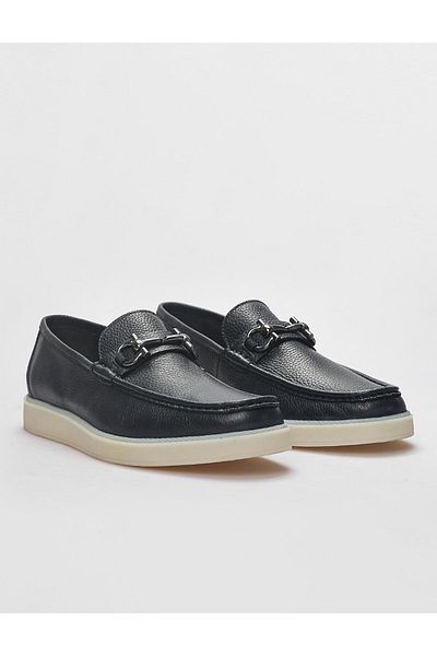Cabani Genuine Leather Navy Blue Buckle Men's Casual Shoes