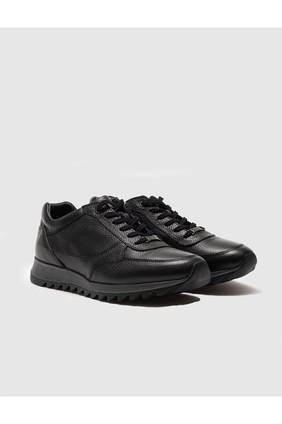 Cabani Genuine Leather Black Lace-Up Sneaker Rubber Sole Men's Sports Shoes