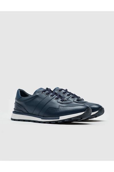 Cabani Genuine Leather Navy Blue Lace-Up Men's Sports Shoes