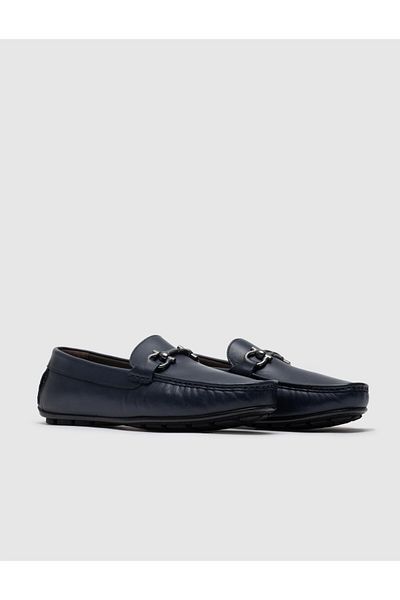 Cabani Navy Blue Genuine Leather Buckle Men's Loafer
