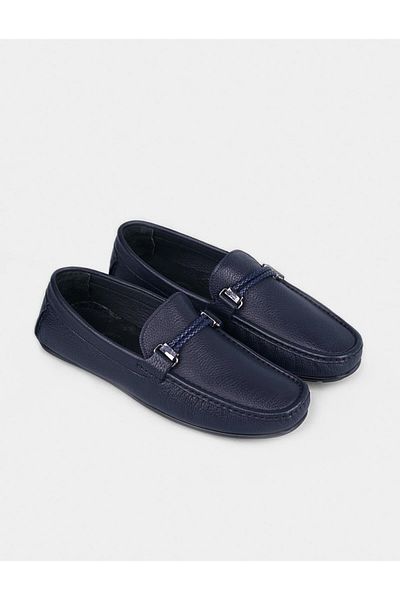 Cabani Genuine Leather Navy Blue Men's Belt Detailed Loafer Shoes