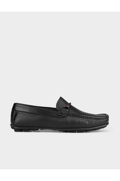 Cabani Metal Accessory Patterned Genuine Leather Black Men's Loafer Shoes