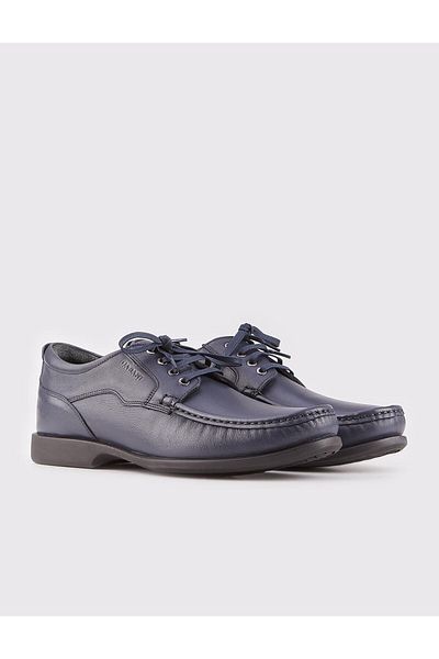 Cabani Genuine Leather Navy Blue Lace-Up Men's Casual Shoes