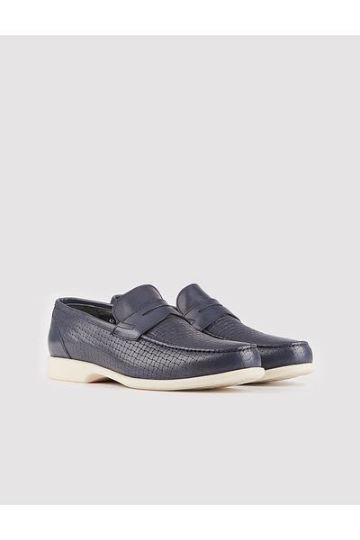 Cabani Navy Blue Genuine Leather Men's Casual Shoes