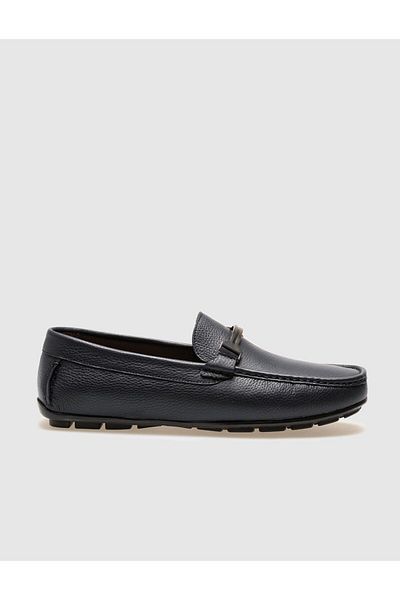 Cabani Genuine Leather Navy Blue Buckle Men's Loafer