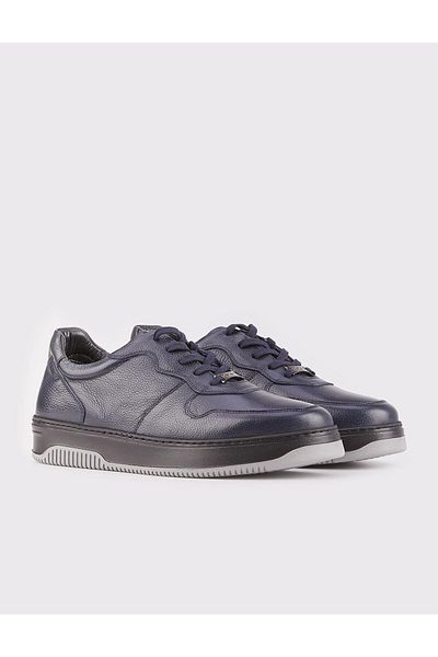 Cabani Genuine Leather Navy Blue Lace-up Rubber Sole Men's Sneakers